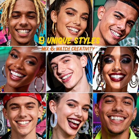 9pcs 16k Gold Gold Glated Grillz Caps for Women Men Fake Tooth Grill مجموعة أدوات المجوهرات للأسنان للأسنان Hip Hop Vampire Party Grillz Single Grillz مع قضبان القضبان النجمة Fang Heart Cap in Kuwait