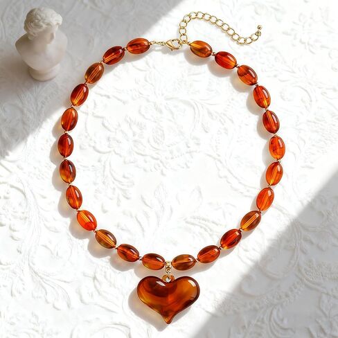 Amber Acrylic Chunky Heart Penadnt Necklace for Women Exaggerated Statement Puff Heart Choker Necklace in Kuwait
