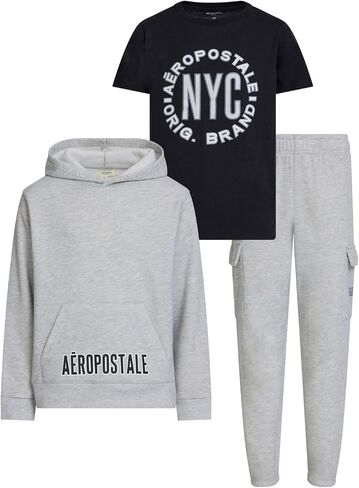 AEROPOSTALE Boys 3 Piece Outfit Set - Fleece Pullover Hoodie, Cargo Sweatpants, T-Shirt, Boys Activewear Set, Sizes 4-12 in Saudi Arabia