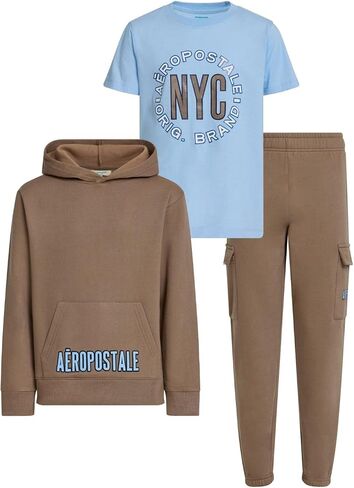 AEROPOSTALE Boys 3 Piece Outfit Set - Fleece Pullover Hoodie, Cargo Sweatpants, T-Shirt, Boys Activewear Set, Sizes 4-12 in Saudi Arabia
