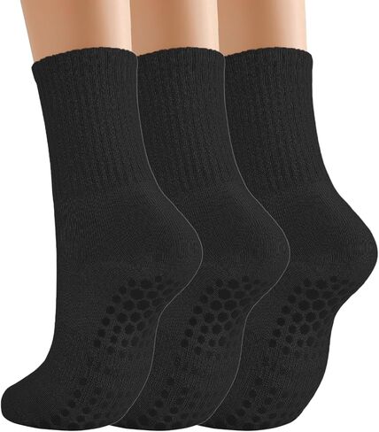 Pilates Socks with Grips for Women Grippy Non Slip Crew Socks for Yoga Barre Hospital Solid 3 Pairs in Saudi Arabia