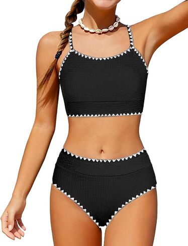 Girls Swimsuit Two Piece Solid High Waisted Bikini Contrast Trim Girls Bathing Suit for Teens with Chest Pad 9-16Y in Saudi Arabia