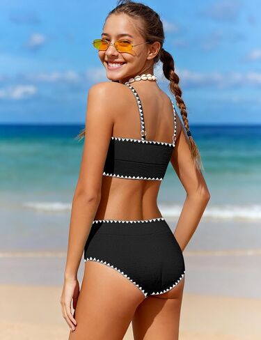 Girls Swimsuit Two Piece Solid High Waisted Bikini Contrast Trim Girls Bathing Suit for Teens with Chest Pad 9-16Y in Saudi Arabia