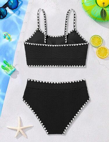 Girls Swimsuit Two Piece Solid High Waisted Bikini Contrast Trim Girls Bathing Suit for Teens with Chest Pad 9-16Y in Saudi Arabia