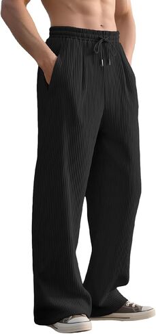 Men's Corduroy Pants Straight Wide Leg Open Bottom Joggers Drawstring Elastic Waist Sweatpants with Pockets in Saudi Arabia