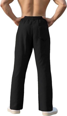 Men's Corduroy Pants Straight Wide Leg Open Bottom Joggers Drawstring Elastic Waist Sweatpants with Pockets in Saudi Arabia