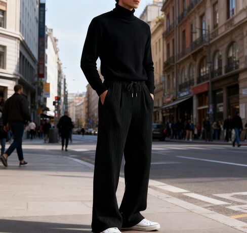 Men's Corduroy Pants Straight Wide Leg Open Bottom Joggers Drawstring Elastic Waist Sweatpants with Pockets in Saudi Arabia