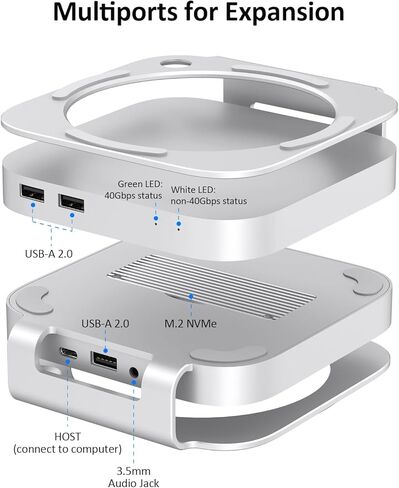 Vertical Docking Station for Mac Mini M4 – USB4 40Gbps M.2 NVMe SSD Enclosure & USB-C Hub, Aluminum Fins Fanless Cooling, Dual Host USB-C Ports, SD/TF 4.0, USB 3.2 & 3.5mm Audio Port in Kuwait