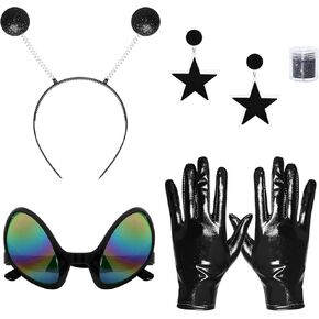 5pcs Sliver Alien Costume Set for Woman Alien Antenna Headband Glasses Earrings Holographic Face Glitter Sliver Alien Gloves in Saudi Arabia
