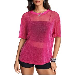 OYOANGLE Women's Glitter Sheer See Through Top Short Sleeve Loose Casual Shiny Tshirt Mesh Shirt in Saudi Arabia