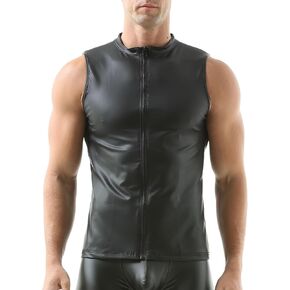 QiaTi Men's Faux Leather Vest Undershirt Sleeveless Tank Top Zipper Stand Collar Shirt Muscle Waistcoats Fit Athletic in Kuwait