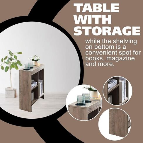 Kings Brand Furniture - Side End Table with Drink Holders, Storage Shelves, Magazine Holder, Narrow Slim Chair Couch Table, Nightstand, Bedside Table for Bedroom, Living Room, Office, White in Saudi Arabia