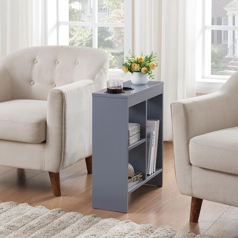 Kings Brand Furniture - Side End Table with Drink Holders, Storage Shelves, Magazine Holder, Narrow Slim Chair Couch Table, Nightstand, Bedside Table for Bedroom, Living Room, Office, White in Saudi Arabia
