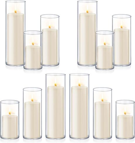 12 PCS White Pillar Candles with Glass Candle Holders Clear Hurricane Candle Holders Glass Cylinder Vases for Centerpieces Wedding Party, Event, Home Office in Saudi Arabia