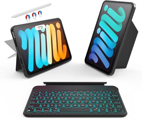 لـ iPad mini 7 A17 Pro 2024/iPad Mini 6 2021 8.3 بوصة Mini 7th 7/6 Gen Detachable Datachable مع 156 درجة من الحامل الرأسي والأفقي ، غطاء حماية كامل ، 7 خلفية ، حامل قلم رصاص ، أبيض in Kuwait