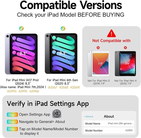 لـ iPad mini 7 A17 Pro 2024/iPad Mini 6 2021 8.3 بوصة Mini 7th 7/6 Gen Detachable Datachable مع 156 درجة من الحامل الرأسي والأفقي ، غطاء حماية كامل ، 7 خلفية ، حامل قلم رصاص ، أبيض in Kuwait