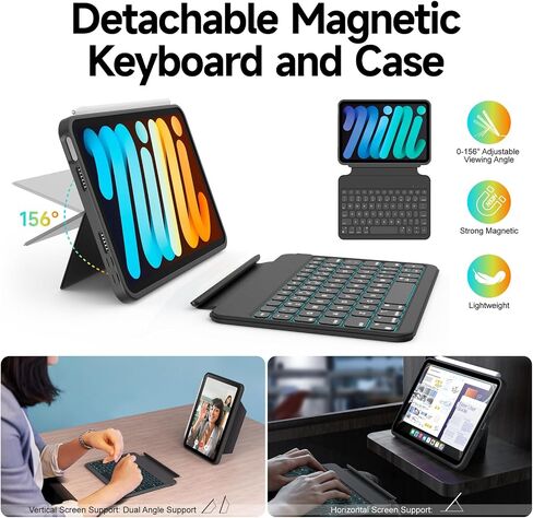 لـ iPad mini 7 A17 Pro 2024/iPad Mini 6 2021 8.3 بوصة Mini 7th 7/6 Gen Detachable Datachable مع 156 درجة من الحامل الرأسي والأفقي ، غطاء حماية كامل ، 7 خلفية ، حامل قلم رصاص ، أبيض in Kuwait