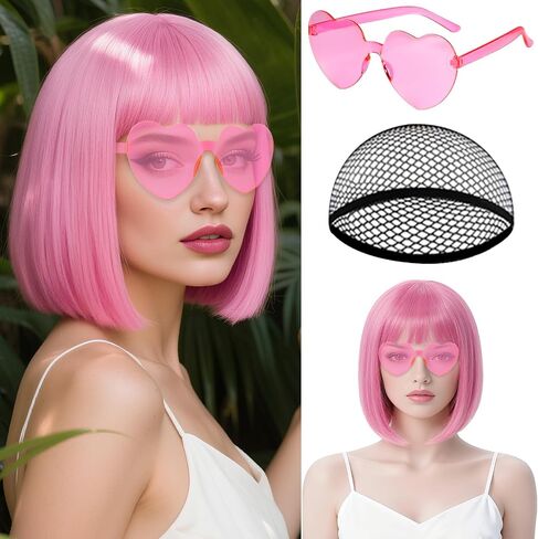 MEEZY 1Pcs Purple Short Bob Wigs Straight Hair with Flat Bangs Heart Sunglasses for Women, Colorful Funny Cosplay Party Neon Wig Synthetic Natural As Real Carnival Halloween Costume in Kuwait