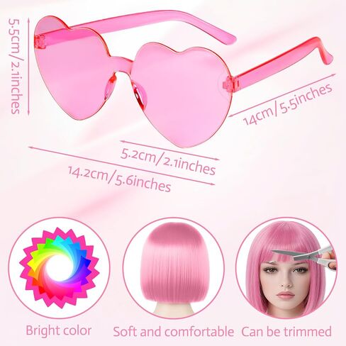 MEEZY 1Pcs Purple Short Bob Wigs Straight Hair with Flat Bangs Heart Sunglasses for Women, Colorful Funny Cosplay Party Neon Wig Synthetic Natural As Real Carnival Halloween Costume in Kuwait