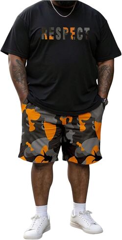 WDIRARA MEN'S BIG and TALL OND 2 Outfits Letter Camo Print Short Sleeve Tracksuit Shorts Sets in Kuwait