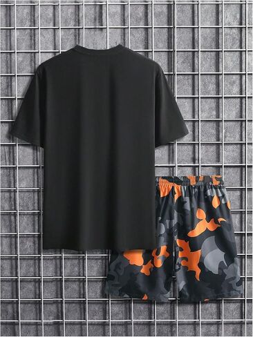 WDIRARA MEN'S BIG and TALL OND 2 Outfits Letter Camo Print Short Sleeve Tracksuit Shorts Sets in Kuwait