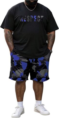 WDIRARA MEN'S BIG and TALL OND 2 Outfits Letter Camo Print Short Sleeve Tracksuit Shorts Sets in Kuwait