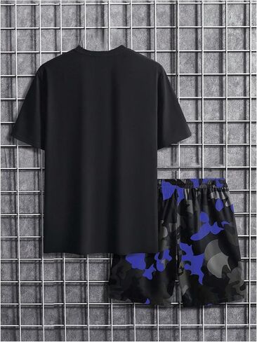 WDIRARA MEN'S BIG and TALL OND 2 Outfits Letter Camo Print Short Sleeve Tracksuit Shorts Sets in Kuwait