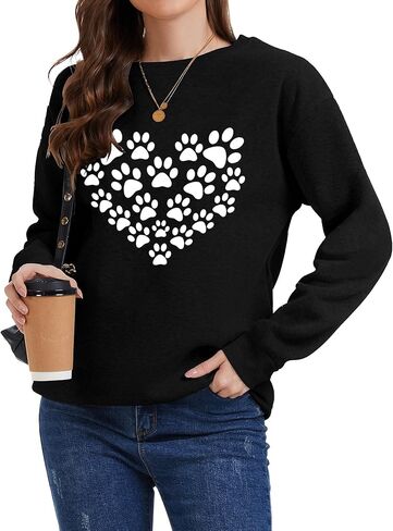 Womens Dog Mom Sweatshirt Long Sleeve Dog Paw Print Crewneck Funny Heart Graphic Sweatshirts in Kuwait