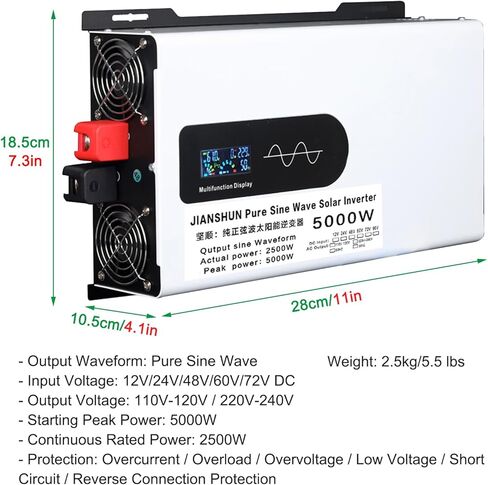 5000W Wave GENT PULE POWER REVERTER 12V 24V 48V 60V 72V DC TO 110V 220V AC الجهد مع شاشة LCD ، للمنزل/RV/TRACK/CAM/CHESSING/SOLAR ، 72V5000WW in Kuwait
