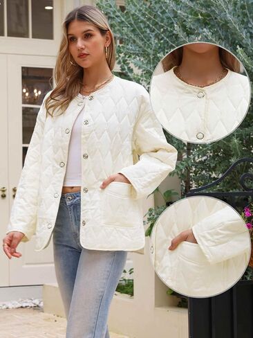 سترة Allegra k Puffer للنساء خفيفة الوزن زر أسفل الأكمام الطويلة Snap Snap Ceanted Coats Coats in Saudi Arabia