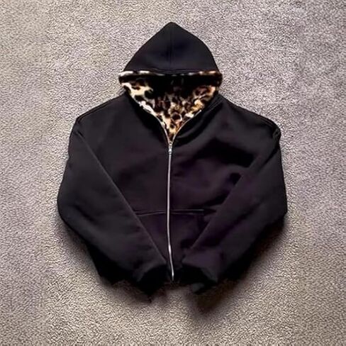 Vintage Leopard Print Jacket Y2k Reversible Zip Up Jacket Baggy Long Sleeve Hoodie Grunge Streetwear Unisex in Saudi Arabia