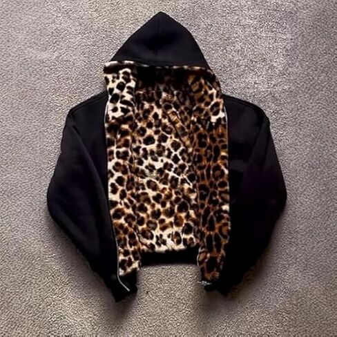 Vintage Leopard Print Jacket Y2k Reversible Zip Up Jacket Baggy Long Sleeve Hoodie Grunge Streetwear Unisex in Saudi Arabia
