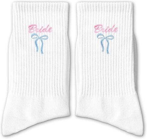 Embroidered Pink Bow Bride Socks - Wedding Day 'BRIDE' Crew Socks - Funny Bridal Party Favors for Bachelorette Gift - Cute Bride-to-Be Essentials. (216) in Kuwait