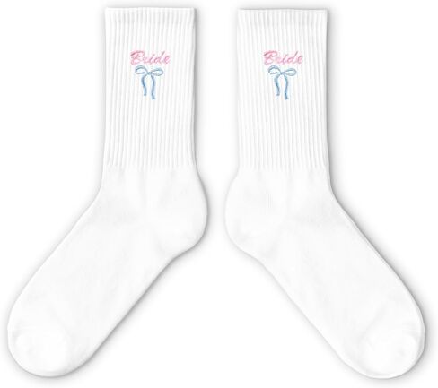 Embroidered Pink Bow Bride Socks - Wedding Day 'BRIDE' Crew Socks - Funny Bridal Party Favors for Bachelorette Gift - Cute Bride-to-Be Essentials. (216) in Kuwait