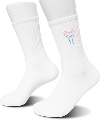 Embroidered Pink Bow Bride Socks - Wedding Day 'BRIDE' Crew Socks - Funny Bridal Party Favors for Bachelorette Gift - Cute Bride-to-Be Essentials. (216) in Kuwait