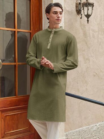 Runcati Mens Cotton Kaftan Robe Long Sleeve Button أسفل قميص Henley Thobe Side Side Side Dress in Saudi Arabia