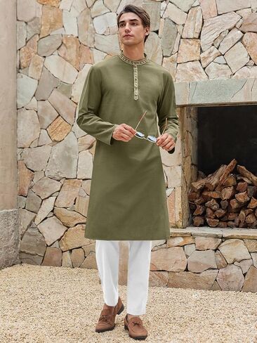 Runcati Mens Cotton Kaftan Robe Long Sleeve Button أسفل قميص Henley Thobe Side Side Side Dress in Saudi Arabia