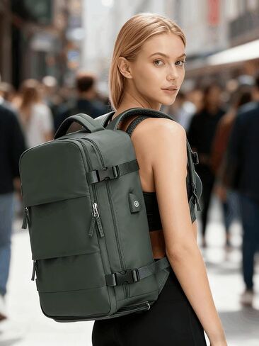 Vacuum Backpack Travel with Pump for Women, Personal Item Carry on Backpack Flight Approved 18x14x8 inches for Men, Waterproof Work Laptop Casual Daypack - Green in Saudi Arabia