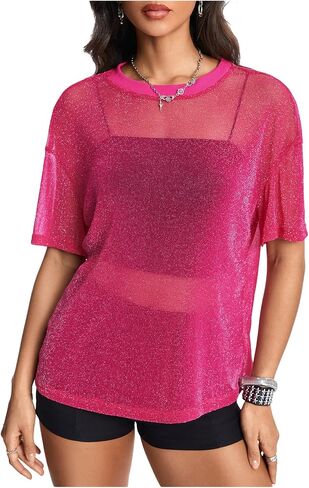 OYOANGLE Women's Glitter Sheer See Through Top Short Sleeve Loose Casual Shiny Tshirt Mesh Shirt in Saudi Arabia