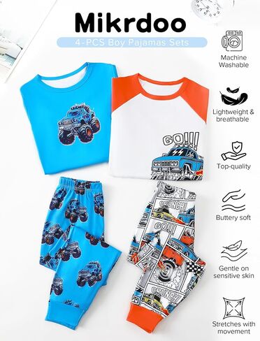 Mikrdoo Boys Pajamas 4-Piece Set Long Sleeve Fall Stretch Breathable & Soft Sleepwear for Kids 2-12Years in Kuwait