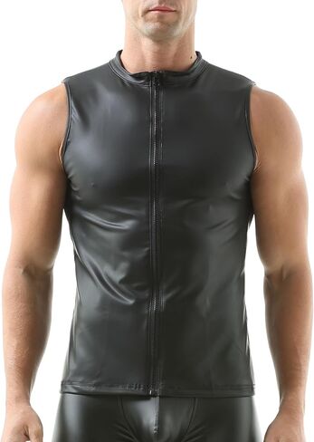 QiaTi الرجال سترة جلدية فو قميص بدون أكمام تانك الأعلى سستة الوقوف طوق قميص العضلات الصدريات تناسب رياضية in Kuwait