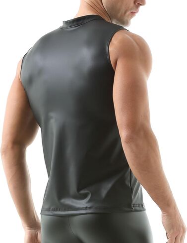 QiaTi الرجال سترة جلدية فو قميص بدون أكمام تانك الأعلى سستة الوقوف طوق قميص العضلات الصدريات تناسب رياضية in Kuwait
