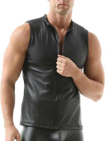 QiaTi الرجال سترة جلدية فو قميص بدون أكمام تانك الأعلى سستة الوقوف طوق قميص العضلات الصدريات تناسب رياضية in Kuwait