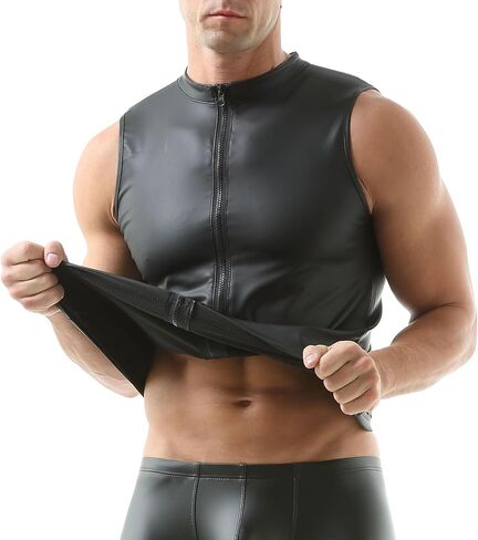 QiaTi الرجال سترة جلدية فو قميص بدون أكمام تانك الأعلى سستة الوقوف طوق قميص العضلات الصدريات تناسب رياضية in Kuwait
