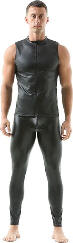 QiaTi الرجال سترة جلدية فو قميص بدون أكمام تانك الأعلى سستة الوقوف طوق قميص العضلات الصدريات تناسب رياضية in Kuwait