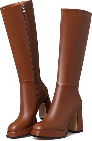 ركبة عالية أحذية منصة جلدية كعب الكعب مكتنزة الحذاء للنساء 2025 مربع سحاب جانبي in Kuwait