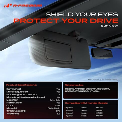 A -Premium Driver & Cassenger Sun Visor متوافق مع Hyundai Sonata 2005 2006 2007 2008 - مع Vanity Light ، مع مرآة الغرور ، مع فتحة سقف ، مع امتداد Sniding Sun Visor ، رمادي in Saudi Arabia