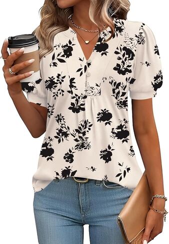 IECCP Womens Tops Puff Short Sleeve Shirts Casual V-Neck Summer Tops Button Down Pleated T-Shirts Loose Fit Tunic Blouses in Kuwait