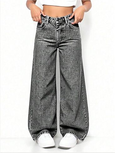 سراويل جينز فضفاضة من الفتاة y2k ممزق سراويل جينز مستقيمة مع جيوب in Kuwait