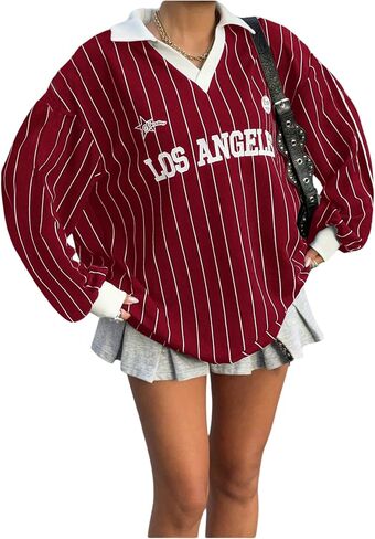 SOLY HUX Women's Oversized Tees Striped Letter Print Y2k Jersey T Shirt Collar V Neck Long Sleeve Loose Tops in Saudi Arabia